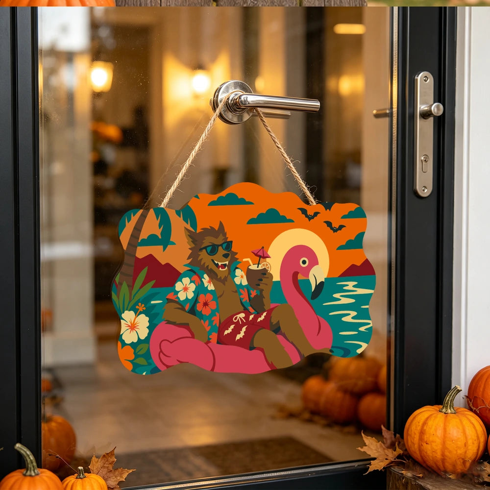 
Paint by Numbers - Wooden Door Hanger | Werewolf on a Flamingo Float