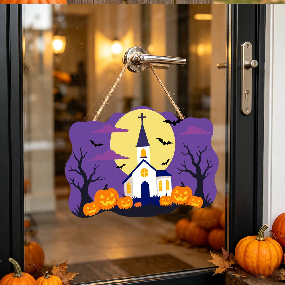 Paint by Numbers - Wooden Door Hanger | White Church Under the Full Moon