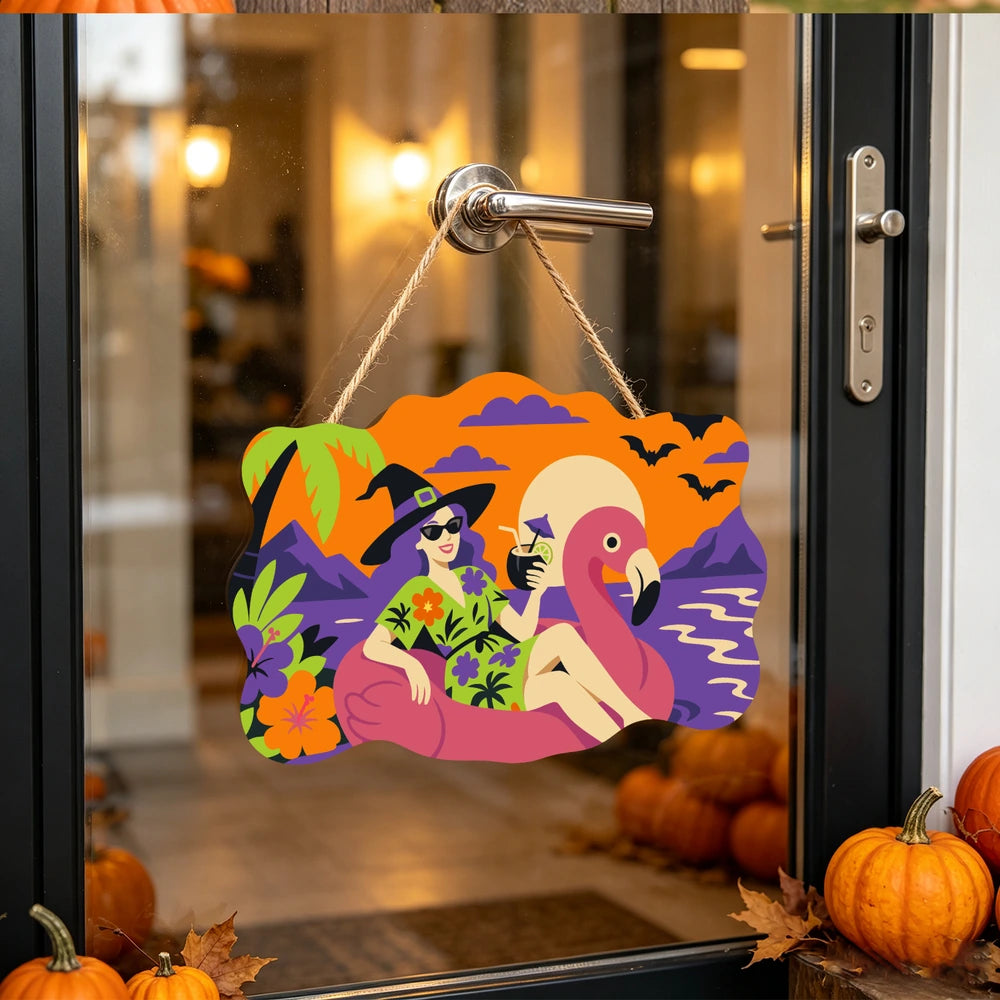 Paint by Numbers - Wooden Door Hanger | Witch on a Flamingo Float