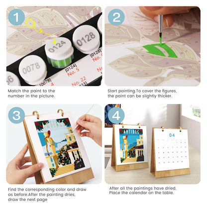 Four-panel instruction collage showing how to use a paint-by-numbers canvas kit: matching paint tubes to numbers, painting a green leaf, assembling a painted canvas, and displaying a finished calendar-style art print on a table.