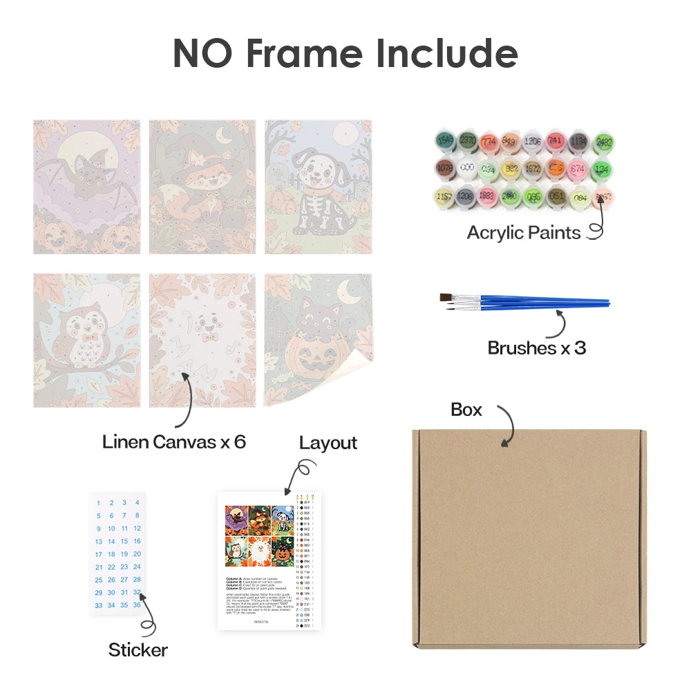 Paint by Numbers – 6 Mini Paintings | Autumn Leaves Halloween Pets Set