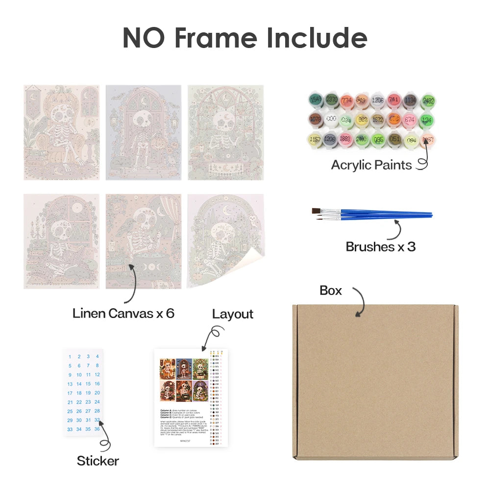 Paint by Numbers – 6 Mini Paintings | Boho Skeleton Witchcraft Set