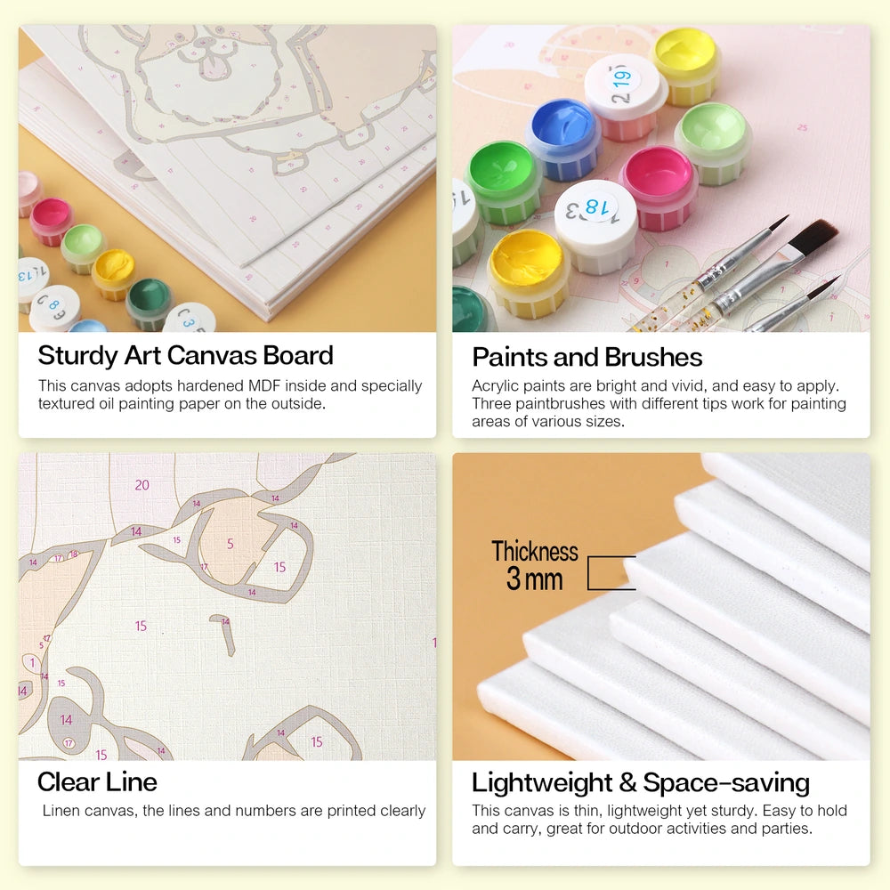 Paint by Numbers – 6 Mini Paintings | Corgi Bread Bakery (Square)