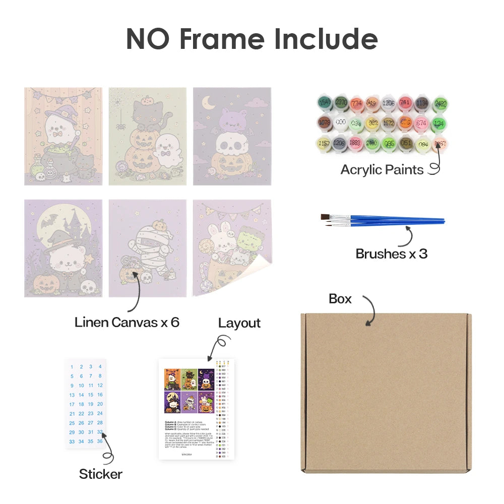 Paint by Numbers – 6 Mini Paintings | Cute Pastel Halloween Friends Set