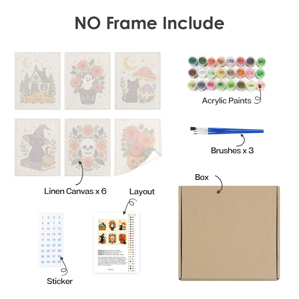 
Paint by Numbers – 6 Mini Paintings | Floral Halloween Cats and Pumpkins Set