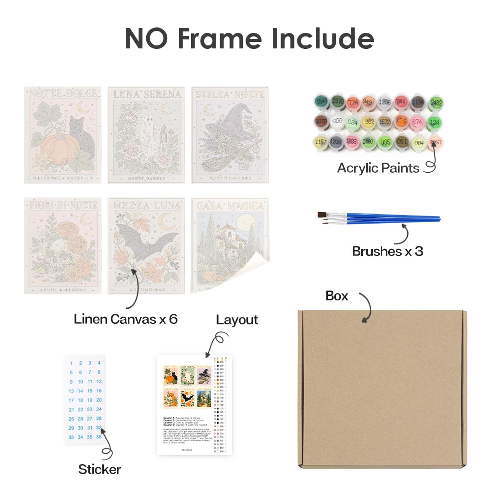 Paint by Numbers – 6 Mini Paintings | Italian Botanical Halloween Posters Set