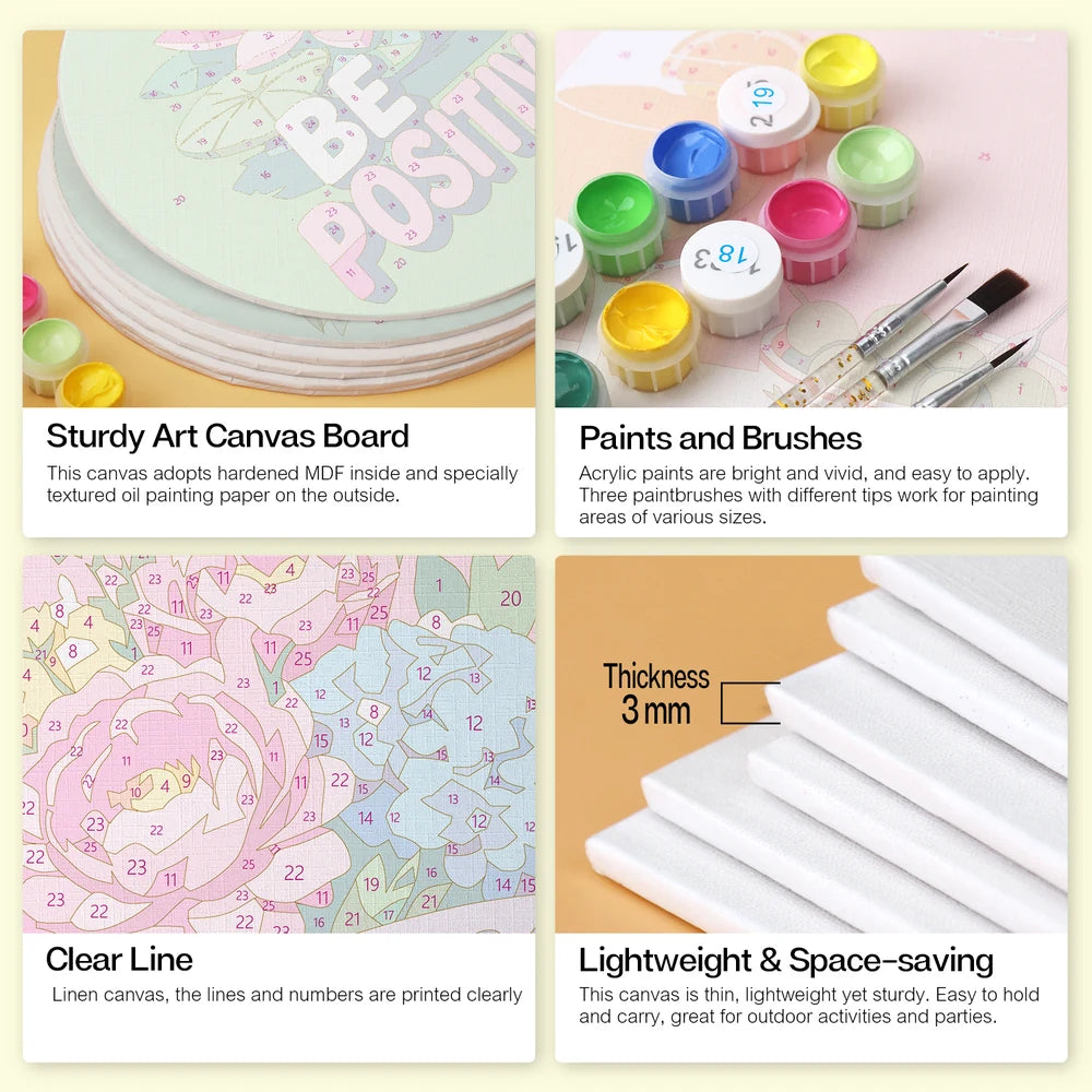 Paint by Numbers – 6 Mini Paintings | Kind Words Flower Rounds (Round)