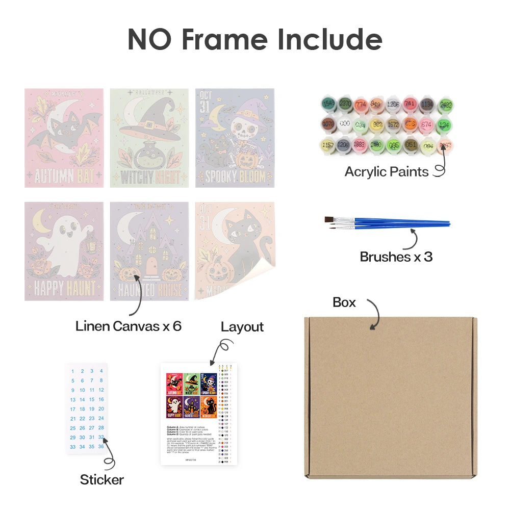 Paint by Numbers – 6 Mini Paintings | Midnight Cat and Spooky Bloom Posters Set