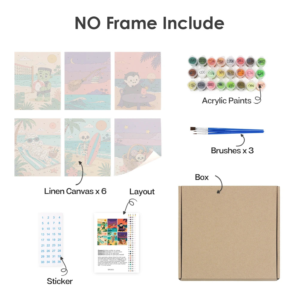 Paint by Numbers – 6 Mini Paintings | Monsters on Beach Vacation Set