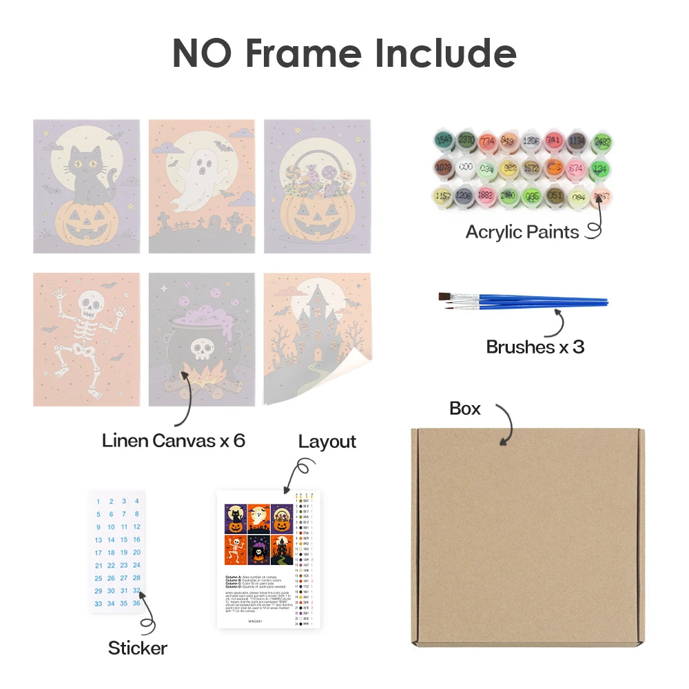 
Paint by Numbers – 6 Mini Paintings | Orange and Purple Halloween Night Set