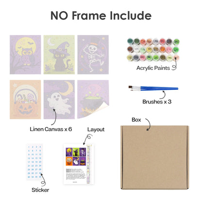 Paint by Numbers – 6 Mini Paintings | Owl, Cat and Dancing Skeleton Set