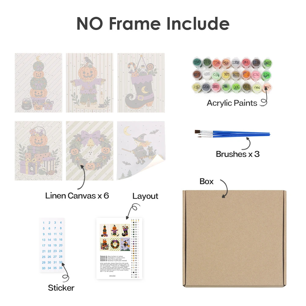 Paint by Numbers – 6 Mini Paintings | Striped Halloween Decorations Set