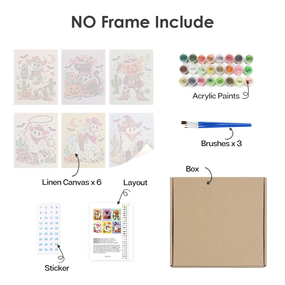 
Paint by Numbers – 6 Mini Paintings | Western Halloween Cowgirls Set