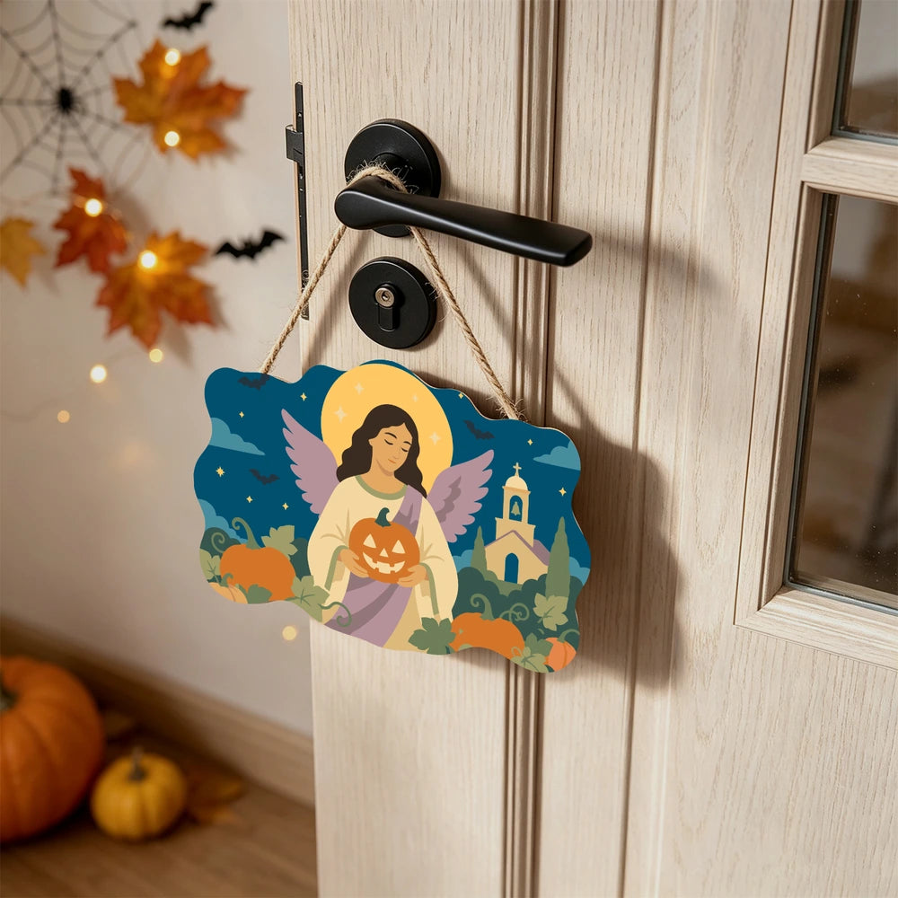 Paint by Numbers - Wooden Door Hanger | Angel with a Jack-o'-Lantern by the Church