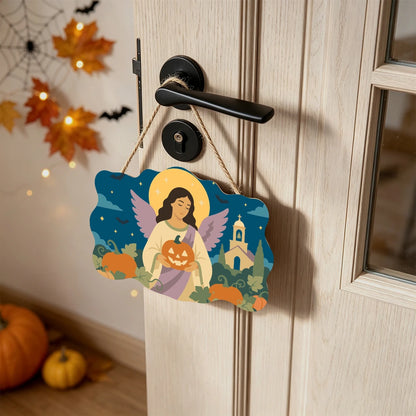 Paint by Numbers - Wooden Door Hanger | Angel with a Jack-o'-Lantern by the Church