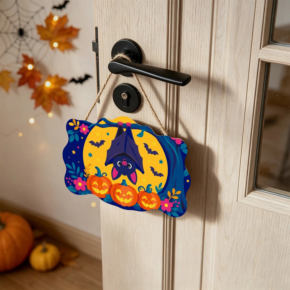 Paint by Numbers - Wooden Door Hanger | Bat Hanging Over the Pumpkins
