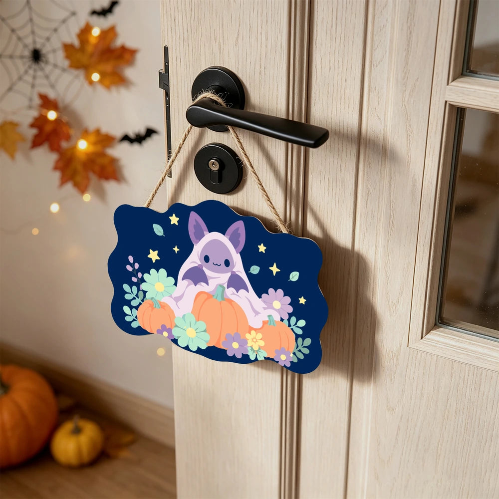 Paint by Numbers - Wooden Door Hanger | Bat on a Pumpkin with Flowers
