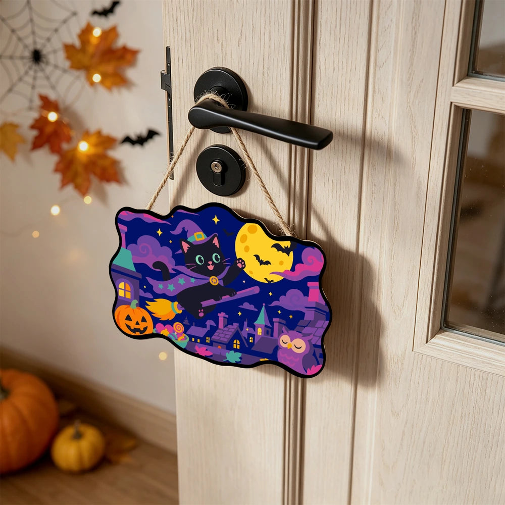 Paint by Numbers - Wooden Door Hanger | Black Cat Witch Flying Over Town