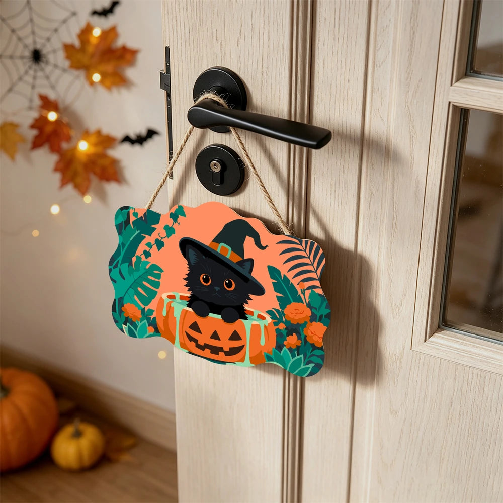 Paint by Numbers - Wooden Door Hanger | Black Cat Witch in a Pumpkin Tub