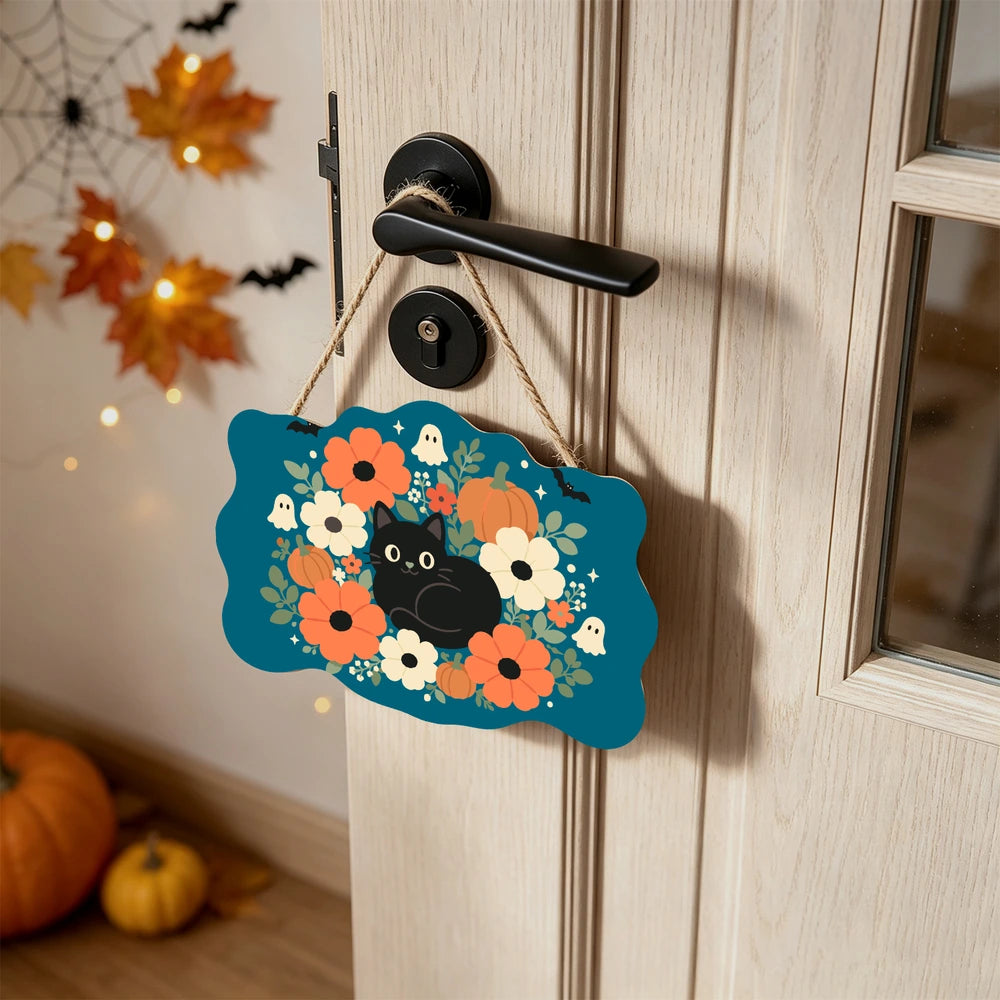 
Paint by Numbers - Wooden Door Hanger | Black Cat in a Flower Wreath