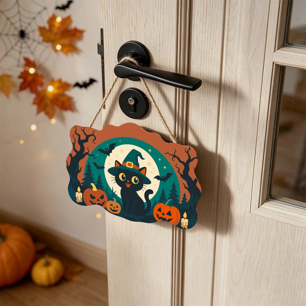 Paint by Numbers - Wooden Door Hanger | Black Cat in a Witch Hat with Pumpkins