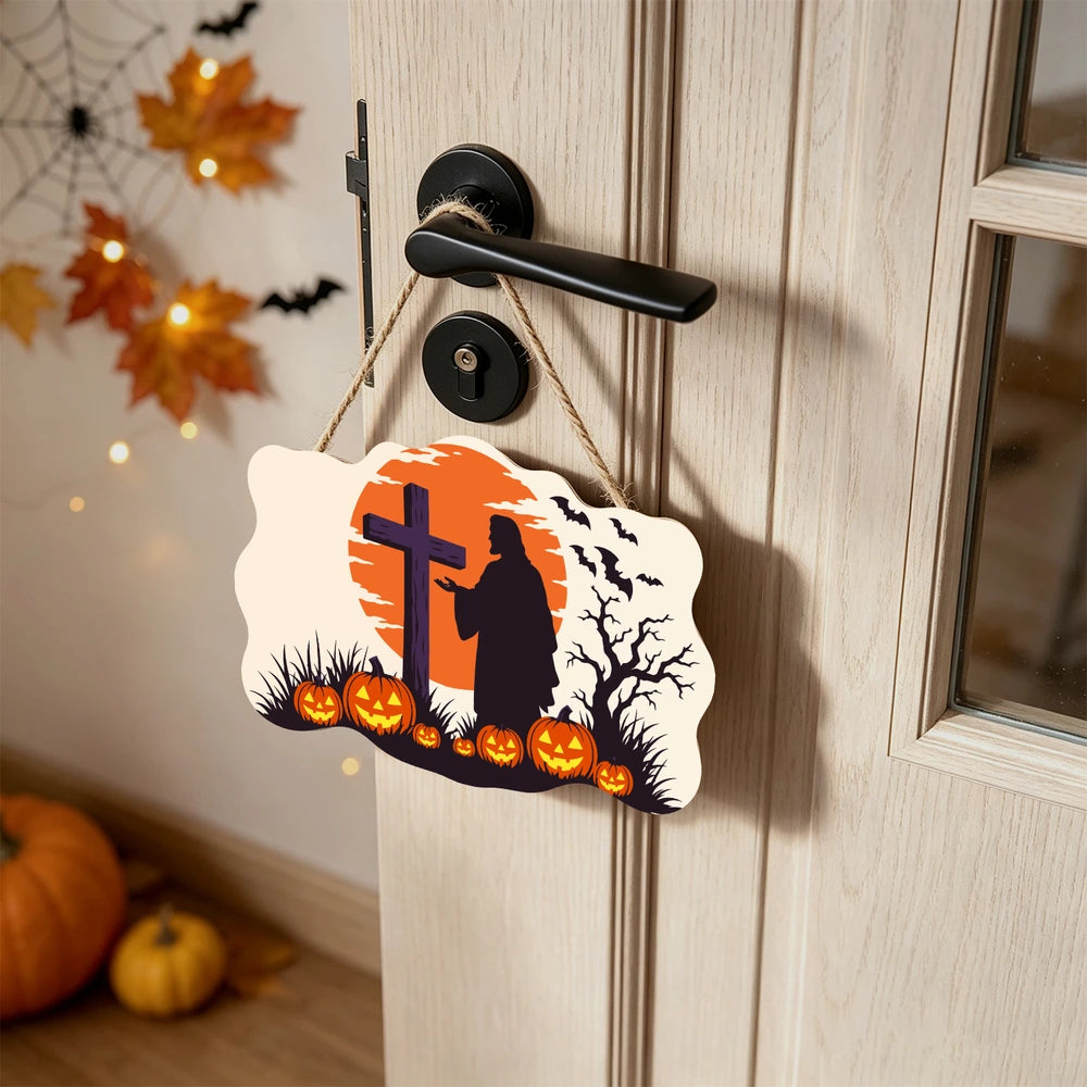 Paint by Numbers - Wooden Door Hanger | Cross at Sunset with Pumpkins