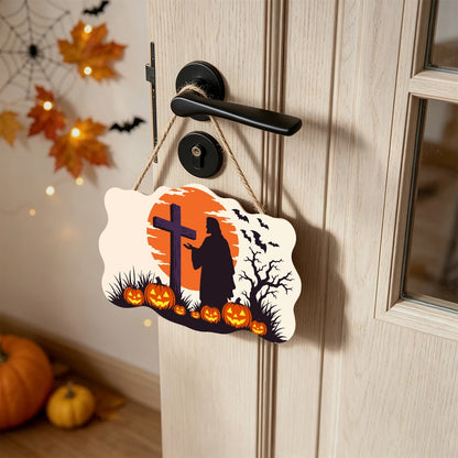 Paint by Numbers - Wooden Door Hanger | Cross at Sunset with Pumpkins