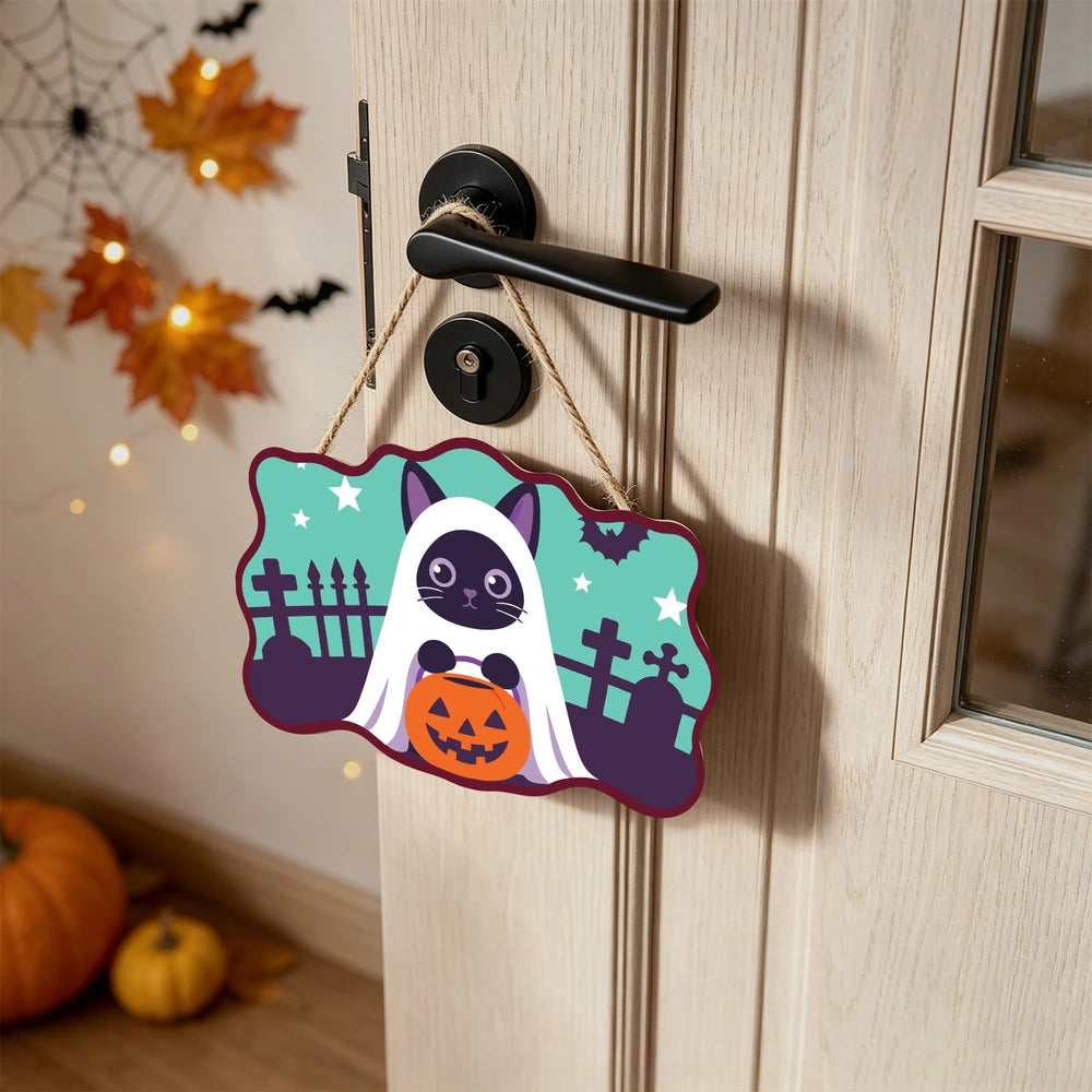 
Paint by Numbers - Wooden Door Hanger | Ghost Cat with a Pumpkin