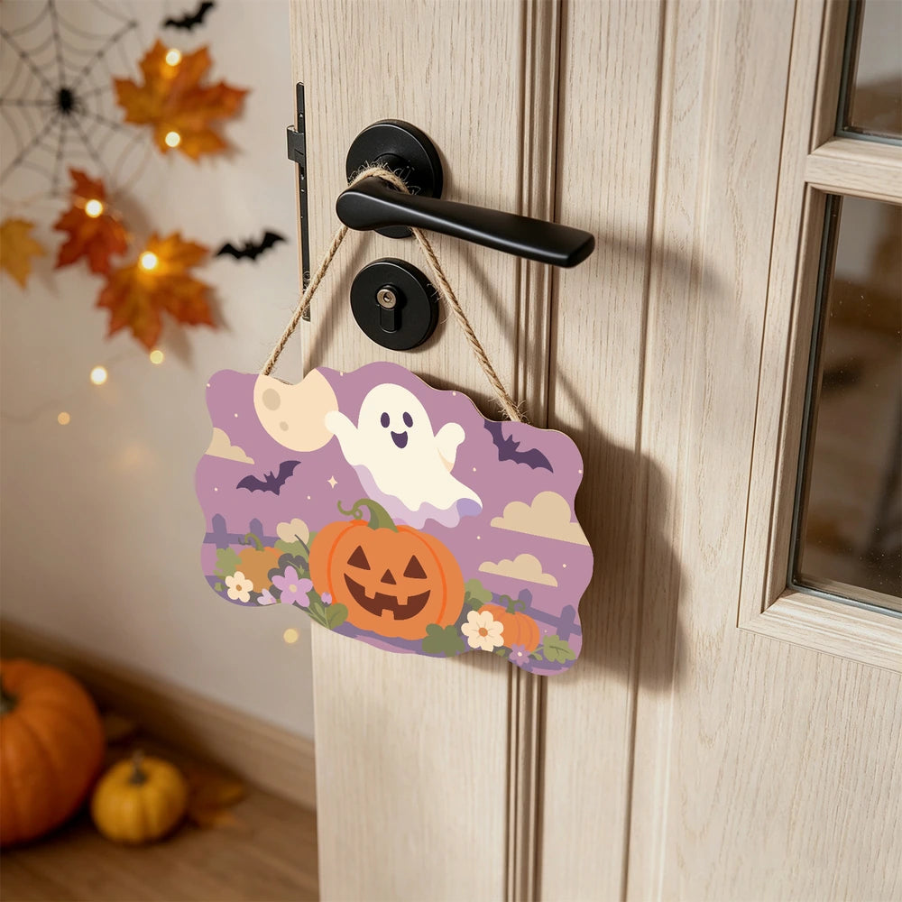 
Paint by Numbers - Wooden Door Hanger | Ghost Over a Jack-o'-Lantern at Dusk
