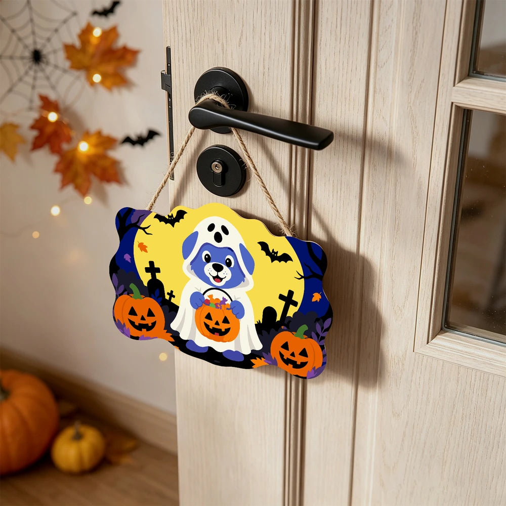 Paint by Numbers - Wooden Door Hanger | Ghost Puppy with a Candy Bucket