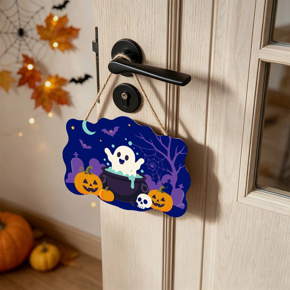 
Paint by Numbers - Wooden Door Hanger | Ghost in a Cauldron in the Graveyard