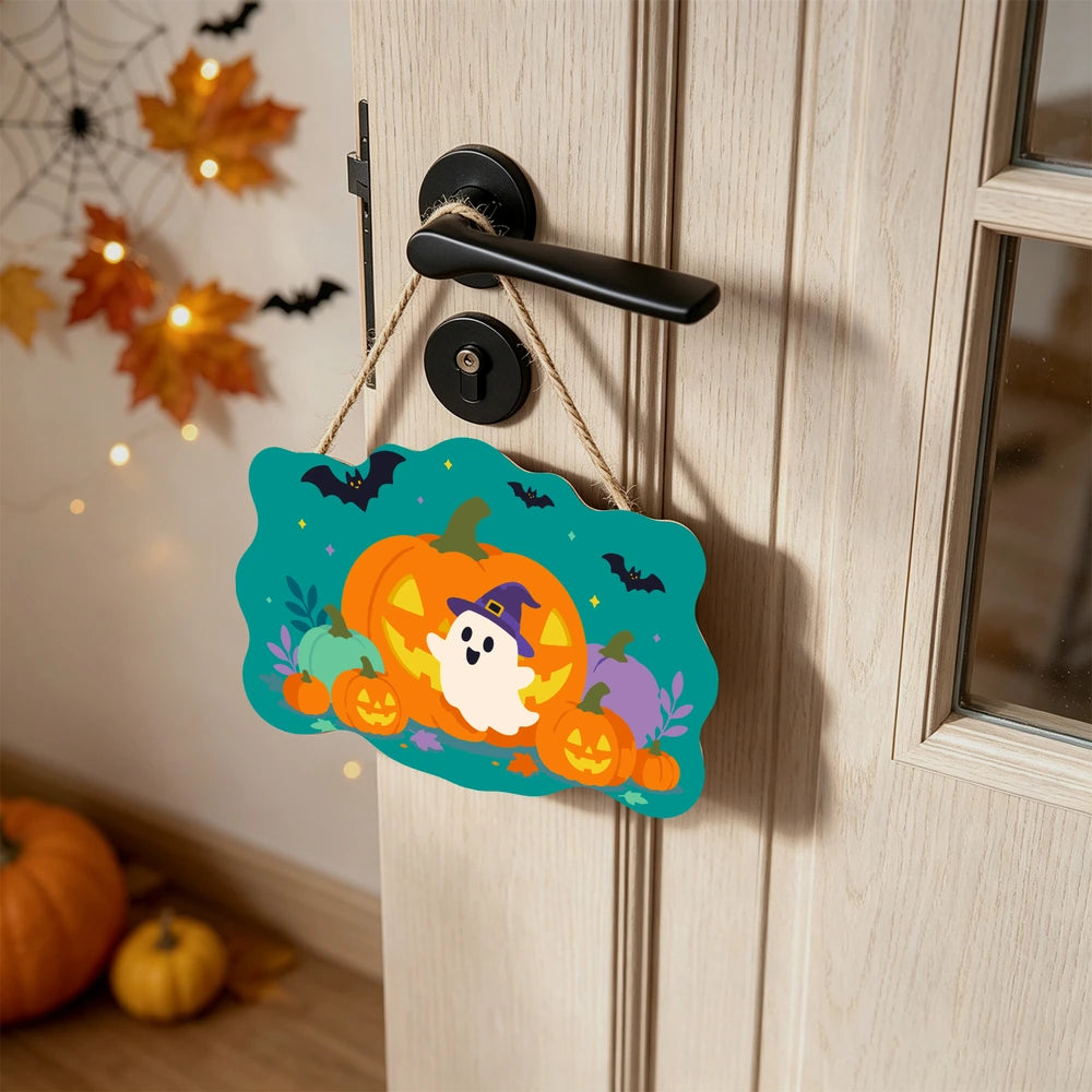 Paint by Numbers - Wooden Door Hanger | Ghost in a Witch Hat with Pumpkins