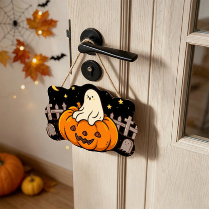 Paint by Numbers - Wooden Door Hanger | Ghost on a Jack-o'-Lantern in the Graveyard