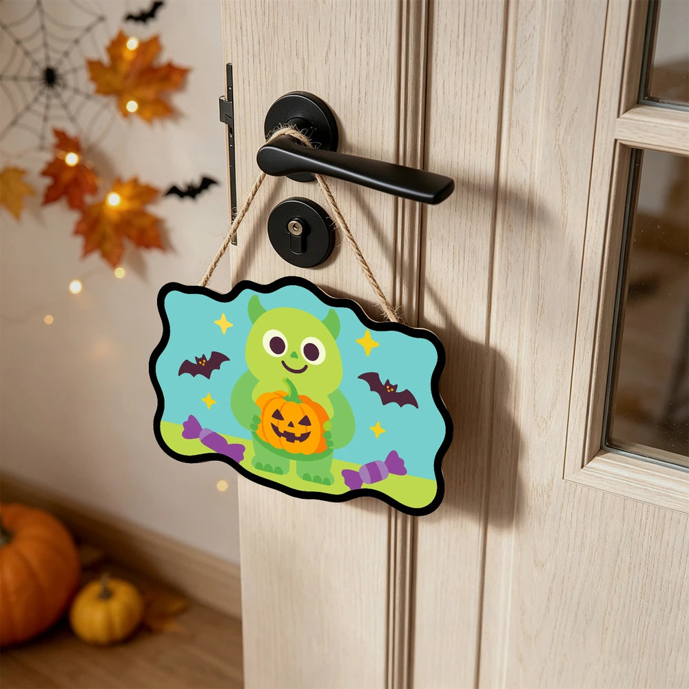 Paint by Numbers - Wooden Door Hanger | Green Monster with a Jack-o'-Lantern