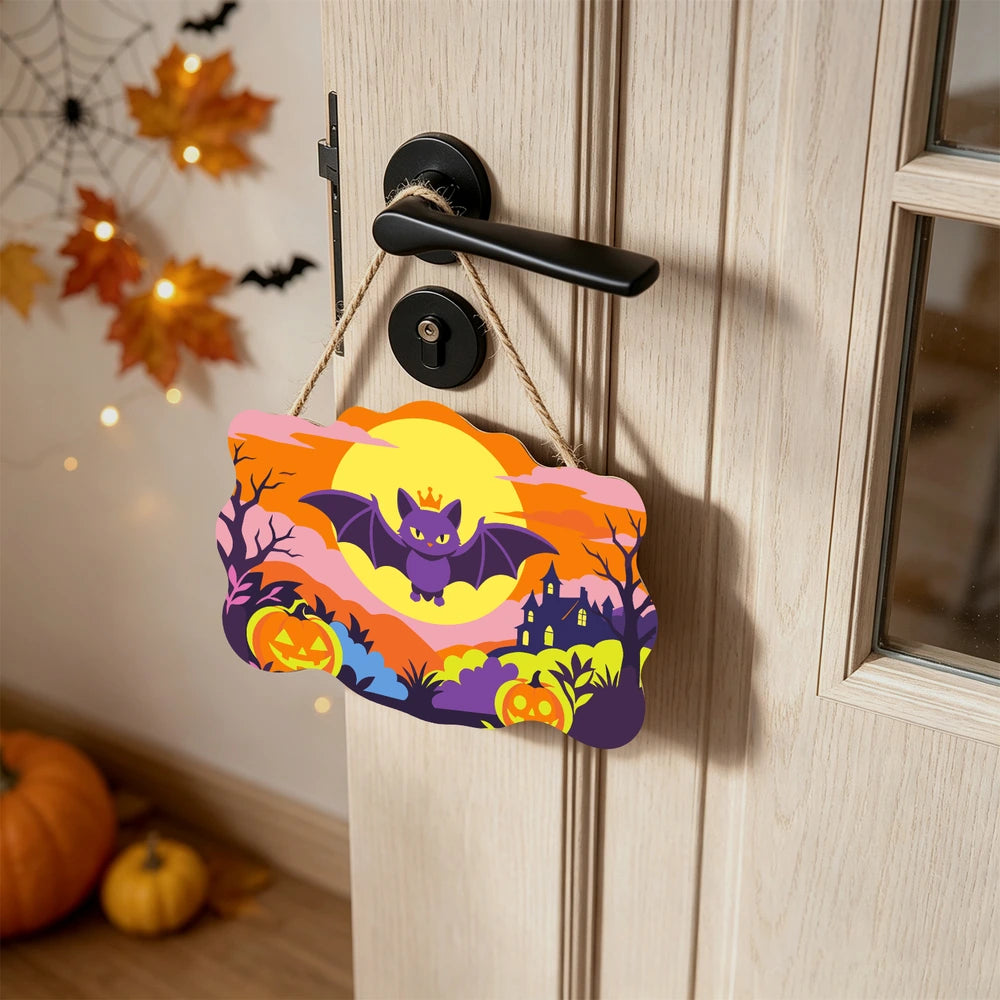 Paint by Numbers - Wooden Door Hanger | Happy Bat Over the Pumpkin Patch