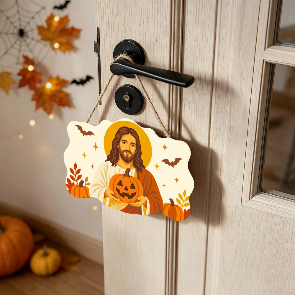 Paint by Numbers - Wooden Door Hanger | Jesus with a Jack-o'-Lantern in Autumn