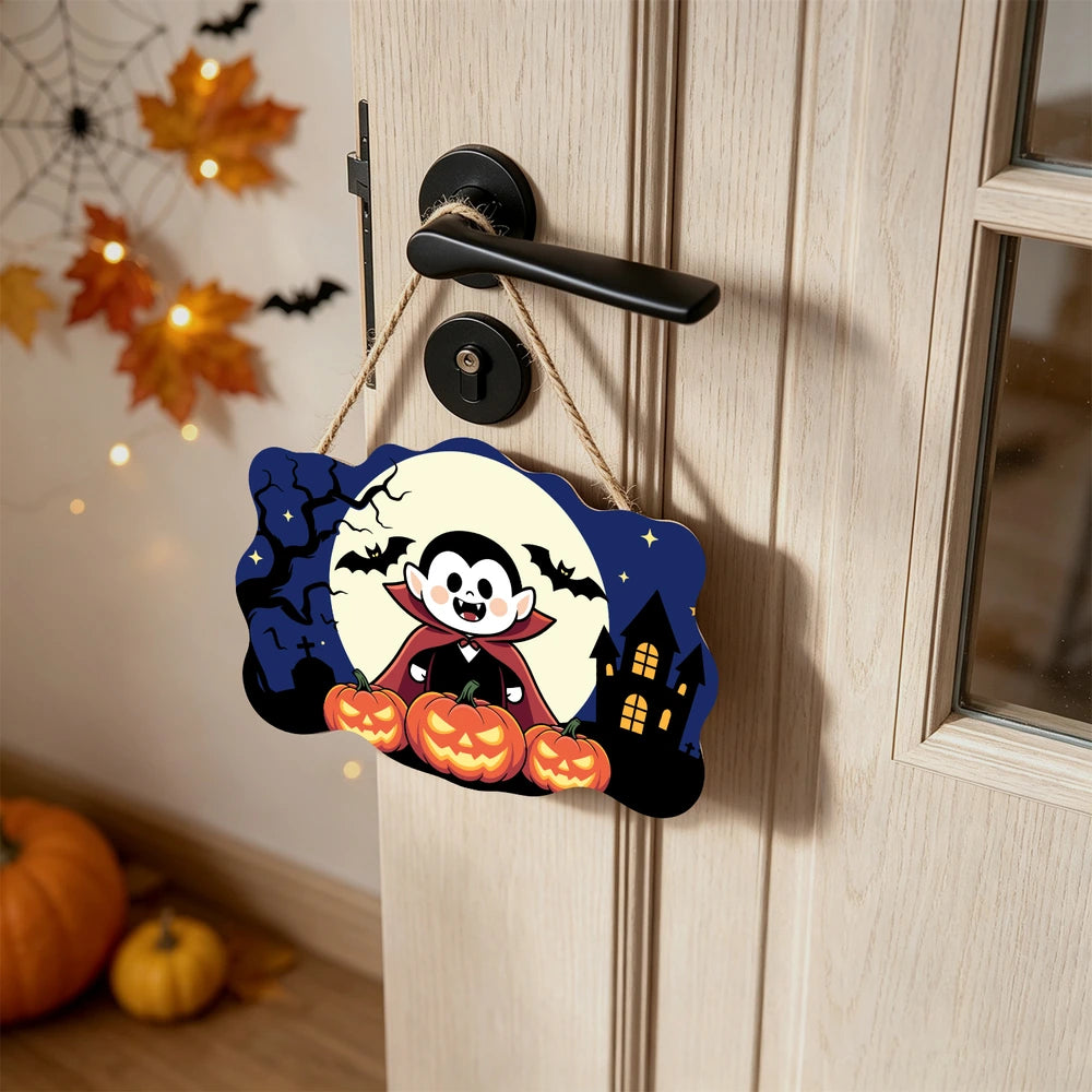 Paint by Numbers - Wooden Door Hanger | Little Vampire with Pumpkins
