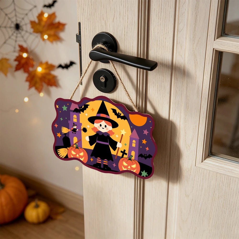 
Paint by Numbers - Wooden Door Hanger | Little Witch with Pumpkins