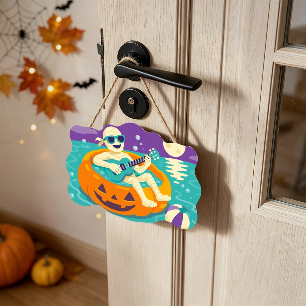 
Paint by Numbers - Wooden Door Hanger | Mummy Playing Ukulele on a Pumpkin Float