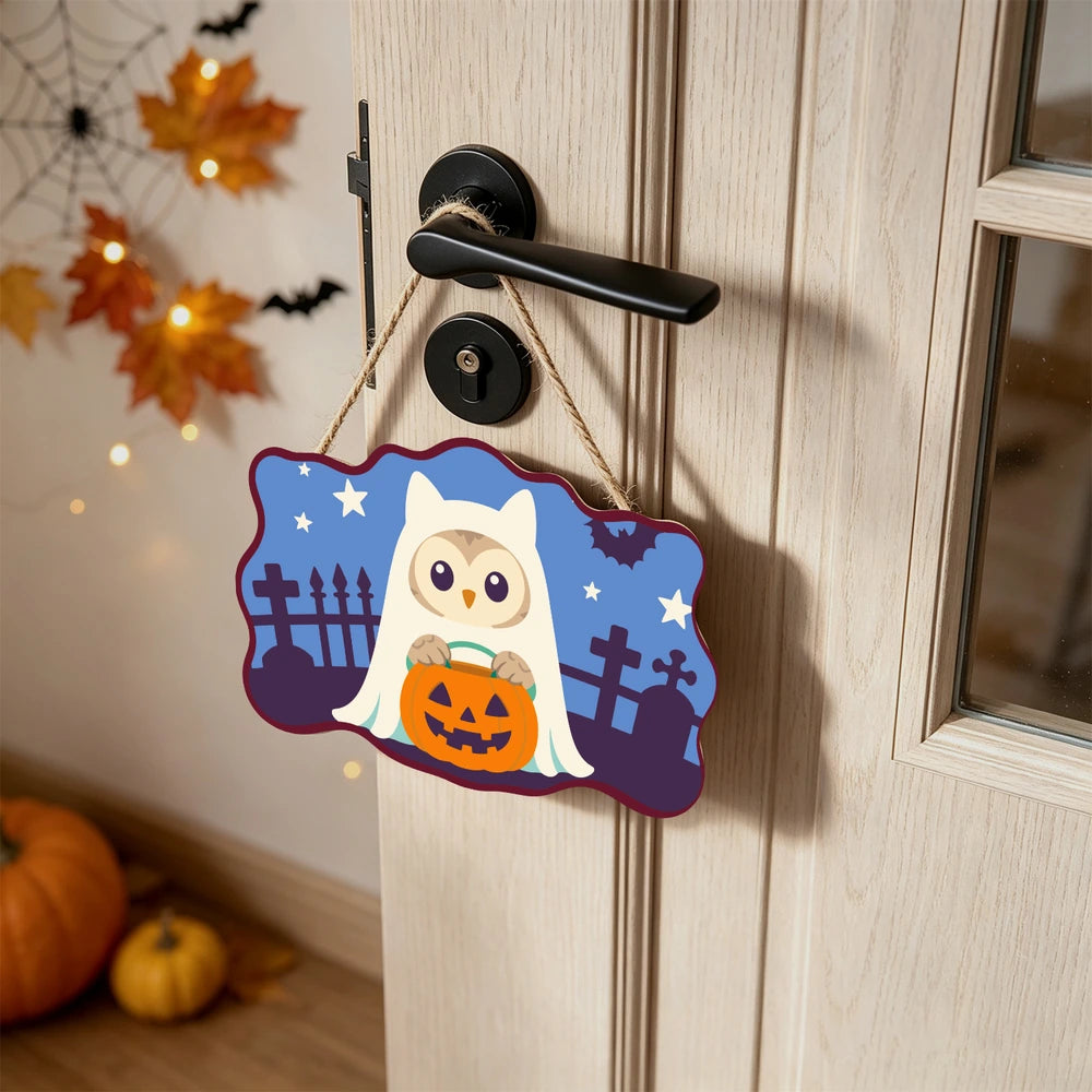 Paint by Numbers - Wooden Door Hanger | Owl Ghost with a Pumpkin