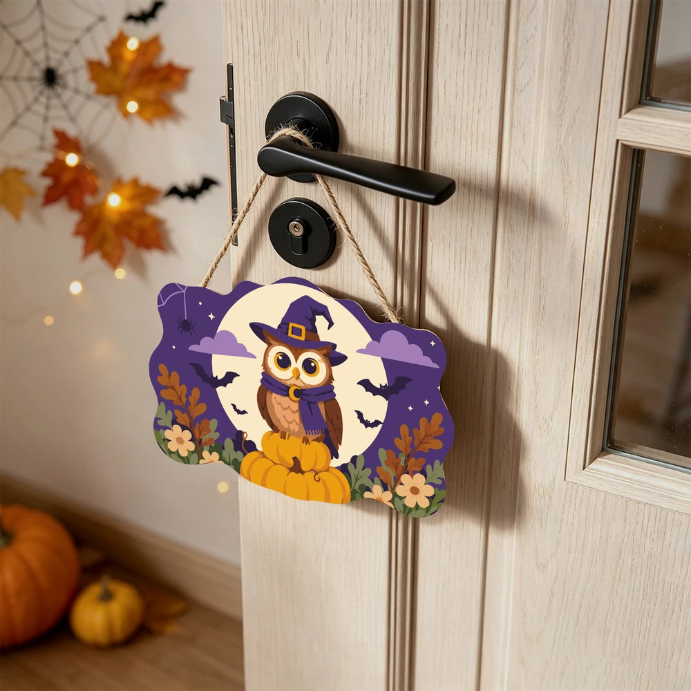 Paint by Numbers - Wooden Door Hanger | Owl in a Witch Hat in the Moon
