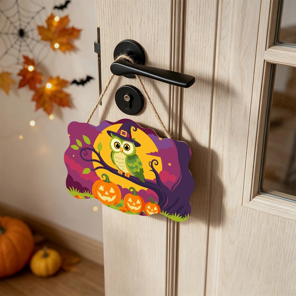 Paint by Numbers - Wooden Door Hanger | Owl in a Witch Hat on a Branch