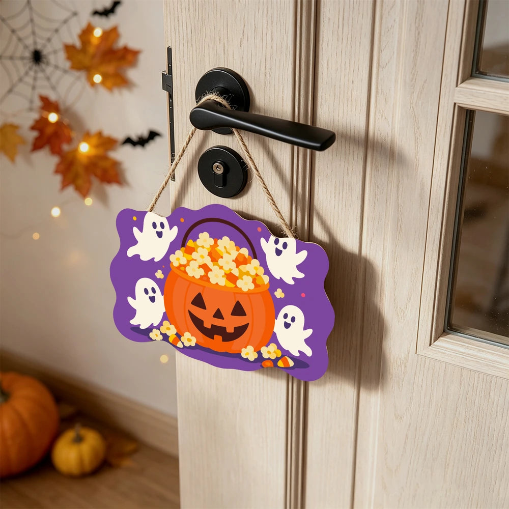 Paint by Numbers - Wooden Door Hanger | Popcorn Pumpkin Bucket with Ghosts