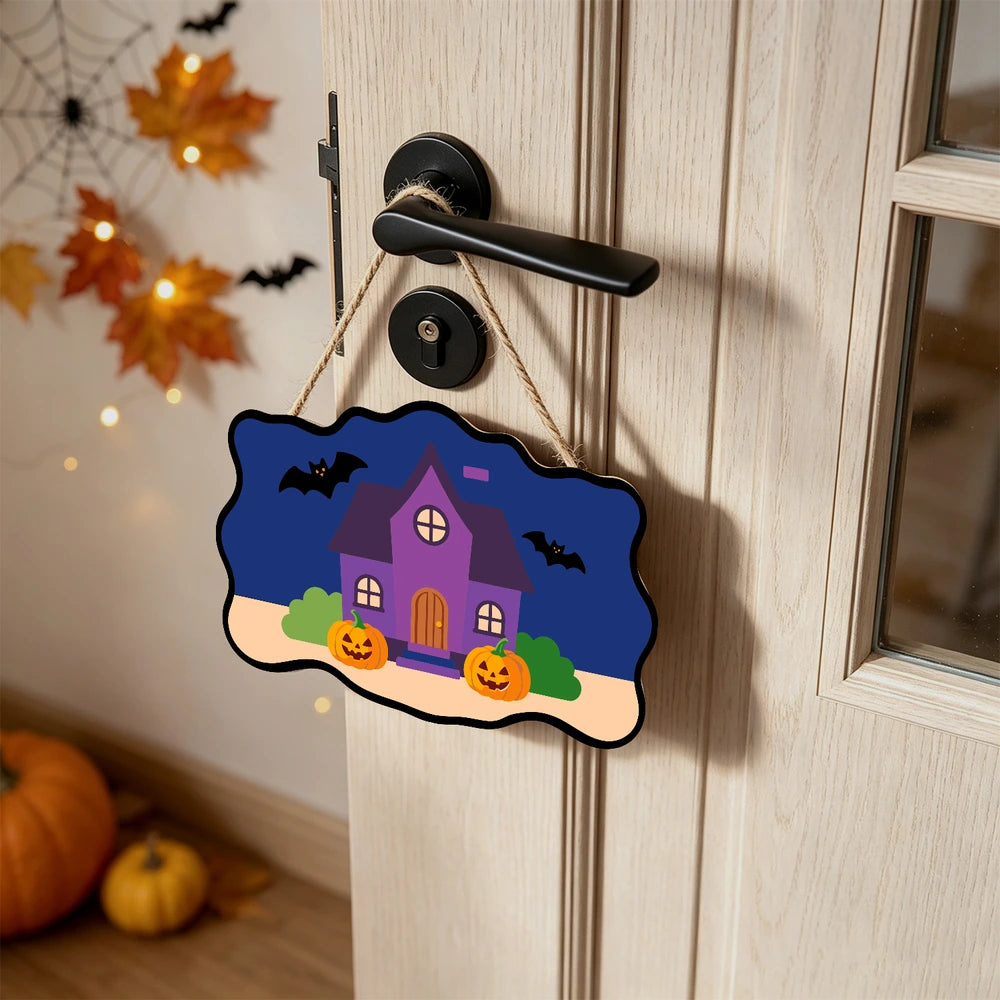 Paint by Numbers - Wooden Door Hanger | Purple Haunted House with Pumpkins