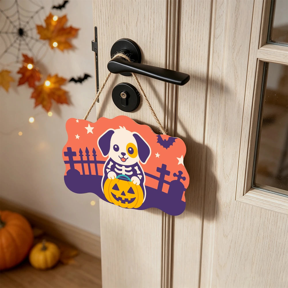 Paint by Numbers - Wooden Door Hanger | Skeleton Puppy with a Pumpkin
