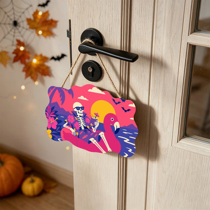 Paint by Numbers - Wooden Door Hanger | Skeleton on a Flamingo Float