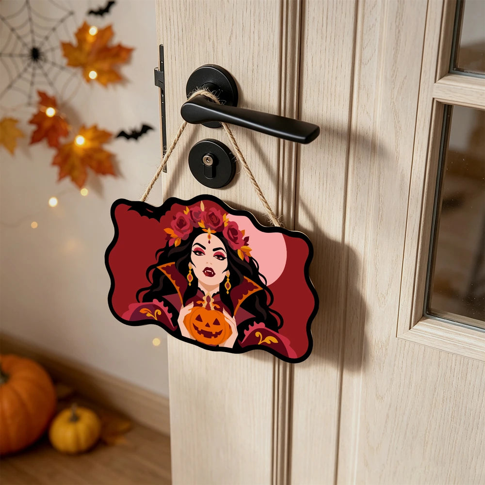Paint by Numbers - Wooden Door Hanger | Vampire Queen with a Jack-o'-Lantern