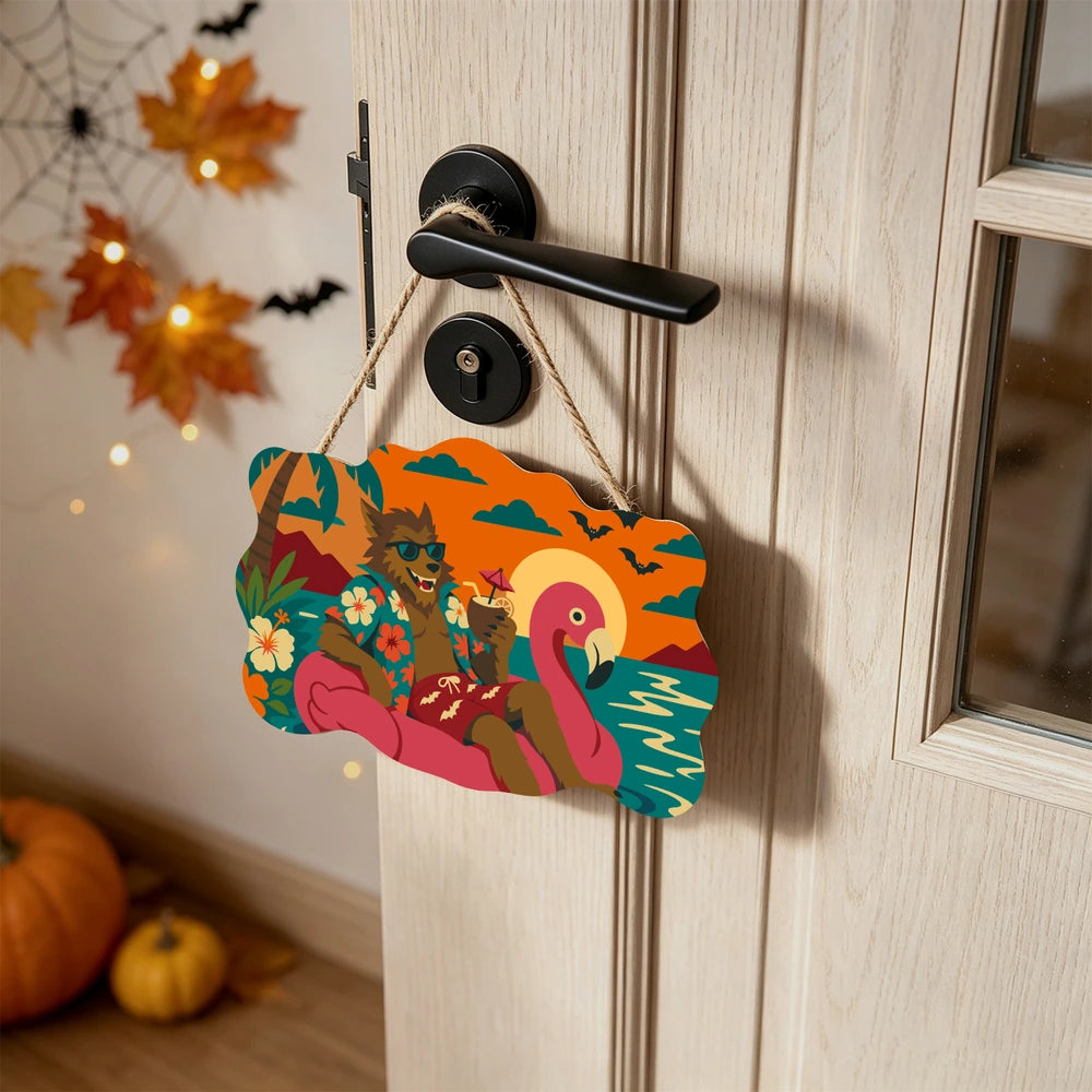 Paint by Numbers - Wooden Door Hanger | Werewolf on a Flamingo Float
