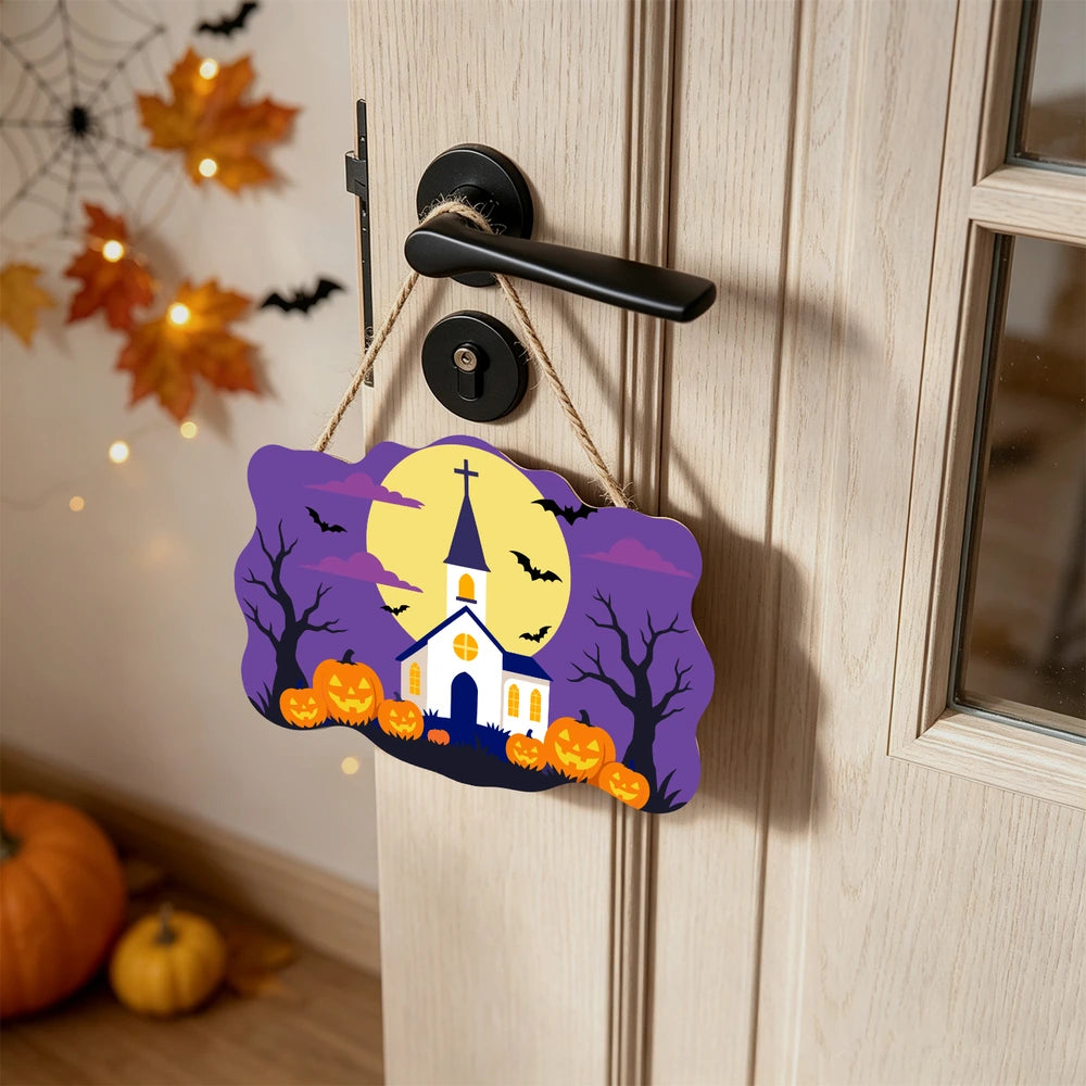 Paint by Numbers - Wooden Door Hanger | White Church Under the Full Moon