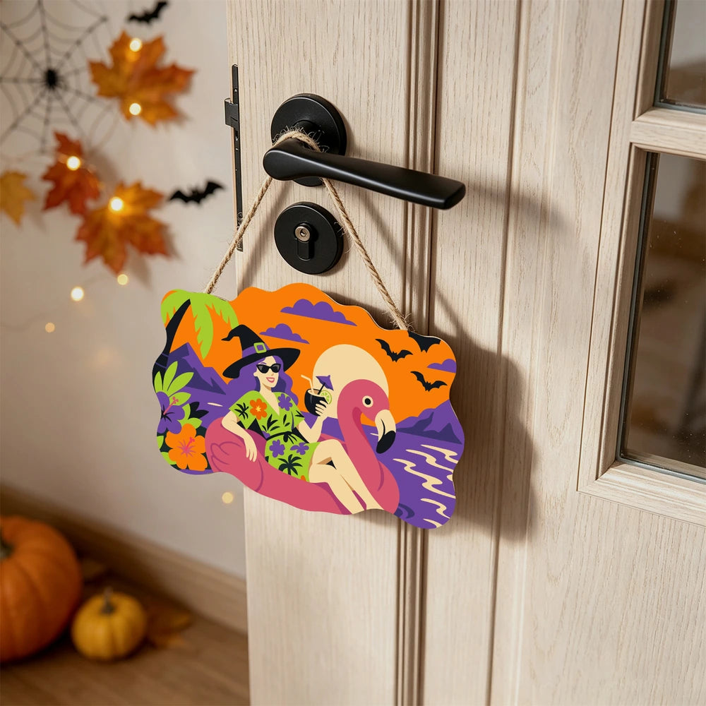 Paint by Numbers - Wooden Door Hanger | Witch on a Flamingo Float